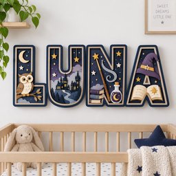 May include: A wall-mounted wooden sign spelling LUNA in dark blue block letters. Each letter features layered cutouts of a night sky, a crescent moon, an owl on a branch, a castle, a magic wand, books, a potion bottle, a witch hat, and an open book.