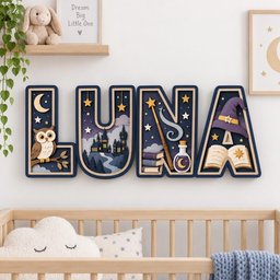 May include: A multi-layered wooden wall sign spelling the name LUNA in dark blue block letters. Each letter features intricate cutouts including an owl on a branch, a castle landscape, a magic wand with books and a potion, and a wizard hat with an open book.