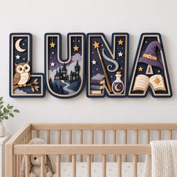 May include: A wall-mounted wooden sign spelling LUNA in large block letters. Each letter features layered cutouts of a night sky, a crescent moon, an owl on a branch, a castle, a magic wand, stacked books, a potion bottle, a hat, and an open book.