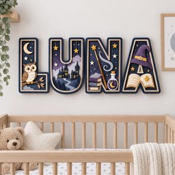 May include: A multi-layered wooden wall sign spelling LUNA in dark blue letters. The L features an owl on a branch, the U a castle landscape, the N a wand, books, and potion bottle, and the A a purple witch hat and an open book with stars.