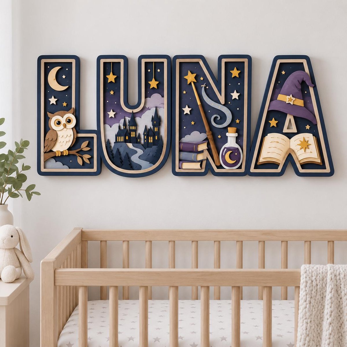 May include: A multi-layered wooden wall sign spelling LUNA in dark blue block letters. The L features an owl on a branch, the U a castle landscape, the N a wand and potion bottle, and the A a wizard hat and open book with stars throughout.