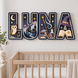 May include: A multi-layered wooden wall sign spelling LUNA in dark blue block letters. The L features an owl on a branch, the U a castle landscape, the N a wand and potion bottle, and the A a wizard hat and open book with stars throughout.