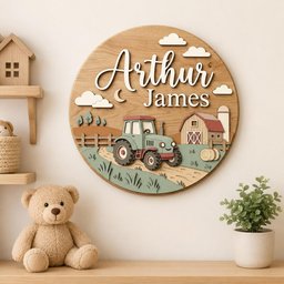 May include: A circular wooden wall sign featuring the name Arthur James in white lettering. The design includes a layered 3D scene with a green tractor, a red and white barn, a wooden fence, hay bales, and white clouds against a natural wood background.