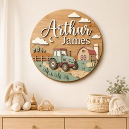 May include: A circular wooden wall sign featuring a layered farm scene with a green tractor, a red barn, and a silo. The text Arthur James is displayed in white script and block lettering. The design includes white clouds, a fence, and hay bales.