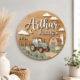 May include: A circular wooden wall sign featuring the name Arthur James in white script and block lettering. The design includes a light green tractor, a red and white barn, a silo, hay bales, a wooden fence, and white clouds against a wood grain.