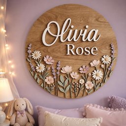 May include: A circular wooden wall sign featuring the name Olivia Rose in white 3D lettering. The lower portion is decorated with layered wooden cutouts of daisies and lavender sprigs in shades of white, soft pink, and muted green.