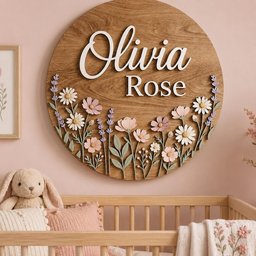 May include: A circular wooden wall sign featuring the name Olivia Rose in white 3D lettering. The lower portion is decorated with layered, cut-out floral elements including white daisies, pink cosmos, and purple lavender sprigs on a wood grain.