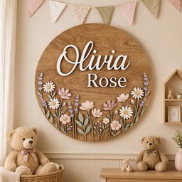 May include: A circular wooden wall sign featuring the name Olivia Rose in white 3D lettering. The lower portion of the sign is decorated with layered, cut-out floral elements including white daisies, pink cosmos, and purple lavender sprigs.