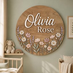 May include: A circular wooden wall sign featuring the name Olivia Rose in white 3D lettering. The lower portion is decorated with layered, cut-out floral elements including white daisies, pink cosmos, and purple lavender sprigs on a wood grain background.
