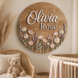 May include: A circular wooden wall sign featuring the name Olivia Rose in white 3D lettering. The lower portion is decorated with layered, cut-out floral elements including daisies, cosmos, and lavender sprigs in shades of pink, white, and green.
