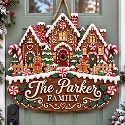 May include: A decorative wooden door sign shaped like a gingerbread village with three houses, candy canes, and two gingerbread figures. The sign features the text "The Parker FAMILY" in white script and block lettering, accented with holly leaves.