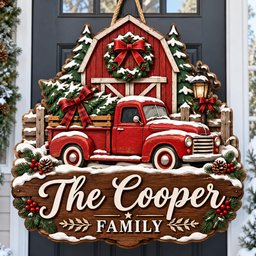 May include: A decorative wooden door sign featuring a red vintage truck carrying a Christmas tree, a red barn background with a wreath, and a snow-covered base. The sign displays the text The Cooper FAMILY in white script and block lettering.