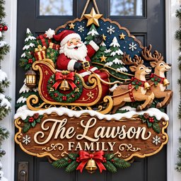 May include: A decorative wooden Christmas door sign featuring Santa Claus in a red sleigh pulled by two reindeer. The sign includes a dark blue background with pine trees, stars, and snowflakes, and a wood-grain plaque reading The Lawson FAMILY.
