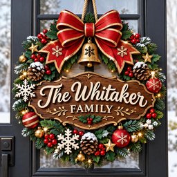 May include: A Christmas wreath featuring green pine branches, red berries, pinecones, gold stars, and snowflakes. A large red bow sits at the top with a gold bell. A central wooden sign displays the text The Whitaker FAMILY in white script.