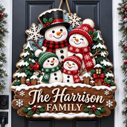 May include: A decorative wooden door sign featuring a family of four snowmen, two wearing red hats and scarves with snowflake patterns, one with a green hat and scarf, and one with a black top hat. The sign reads The Harrison FAMILY.