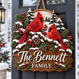 May include: A decorative wooden door sign featuring two red cardinal birds perched on a snowy branch with pine cones, green pine needles, and red berries. The sign has a wood-grain background with the white text The Bennett FAMILY.