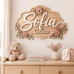 May include: A decorative wooden wall sign with a scalloped edge featuring the name Sofia Grace in white 3D lettering. The sign is adorned with sculpted pink flowers, green leaves, and small berries arranged along the top and bottom edges.