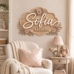 May include: A decorative wooden wall sign featuring the name Sofia Grace in white script and block lettering. The plaque has a scalloped edge and is adorned with three-dimensional pink flowers, green leaves, and small white berries on the sides.