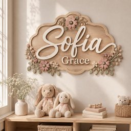May include: A wooden wall sign with a scalloped edge featuring the name Sofia Grace in white and beige lettering. The sign is decorated with sculpted pink flowers and green leaves on the top and sides. The wood has a natural light brown finish.