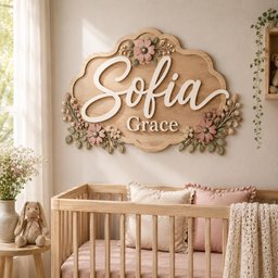 May include: A decorative wooden wall sign with a scalloped edge featuring the name Sofia Grace in white 3D lettering. The sign is adorned with sculpted pink flowers and green leaves on the top and bottom corners, mounted on a light wood plaque.