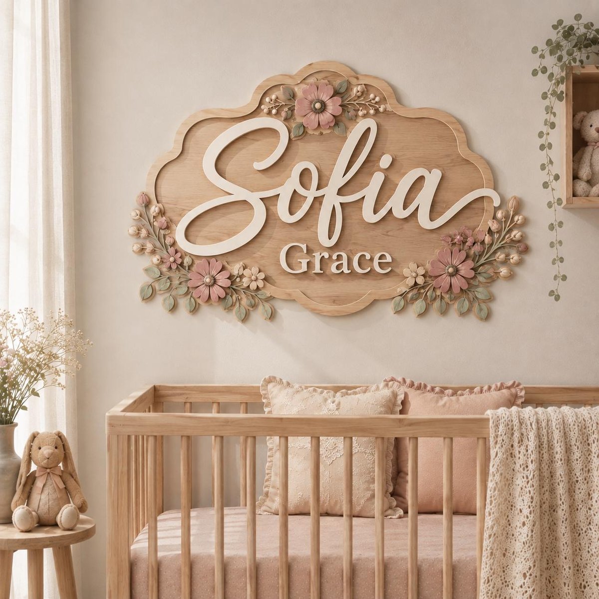 May include: A decorative wooden wall sign featuring the name Sofia Grace in white script and block lettering. The plaque has a scalloped edge and is adorned with three-dimensional pink flowers, small white buds, and green leaves on the corners.