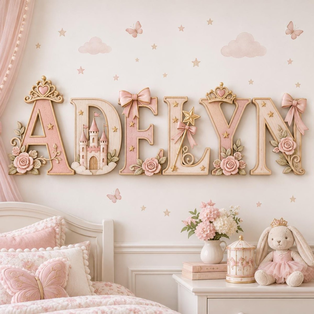 Personalized Princess Nursery Name Sign, 3D Wooden Castle Letters, Pink Floral Baby Girl Room Wall Decor, Custom Fairytale Baby Shower Gift image 1