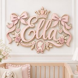 May include: A wall-mounted wooden sign featuring the name Ella in cursive script, topped with a crown. The design includes two large pink bows with heart pendants, floral accents, and a central oval cameo frame containing a silhouette profile.