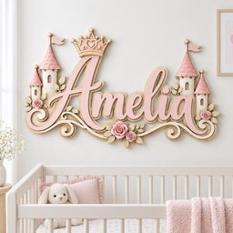 May include: A wall-mounted wooden sign featuring the name Amelia in light pink script lettering. The design includes a gold crown above the name, two castle towers with pink roofs on either side, and decorative pink roses and leaves at the base.