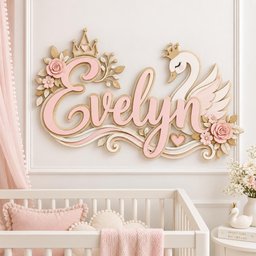 May include: A decorative wall sign featuring the name Evelyn in pink script lettering, adorned with a wooden crown, a swan with closed eyes, and layered floral accents in shades of pink and cream, mounted on a white paneled wall surface.