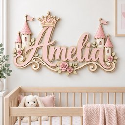 May include: A wall-mounted wooden name sign featuring the name Amelia in pink script lettering. The design includes a central crown, two castle towers with pink roofs and flags on either side, and decorative pink roses with green leaves.