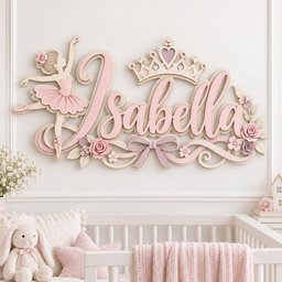 May include: A wall-mounted decorative sign featuring the name Isabella in pink script lettering. The design includes a ballerina figure, a crown with a heart detail, a central bow, and various floral accents in shades of pink and cream.