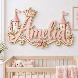 May include: A wall-mounted name sign featuring the name Amelia in large pink script lettering. The design includes a gold crown above the letter A, two castle towers on each side with pink roofs, and decorative light pink roses with green leaves.