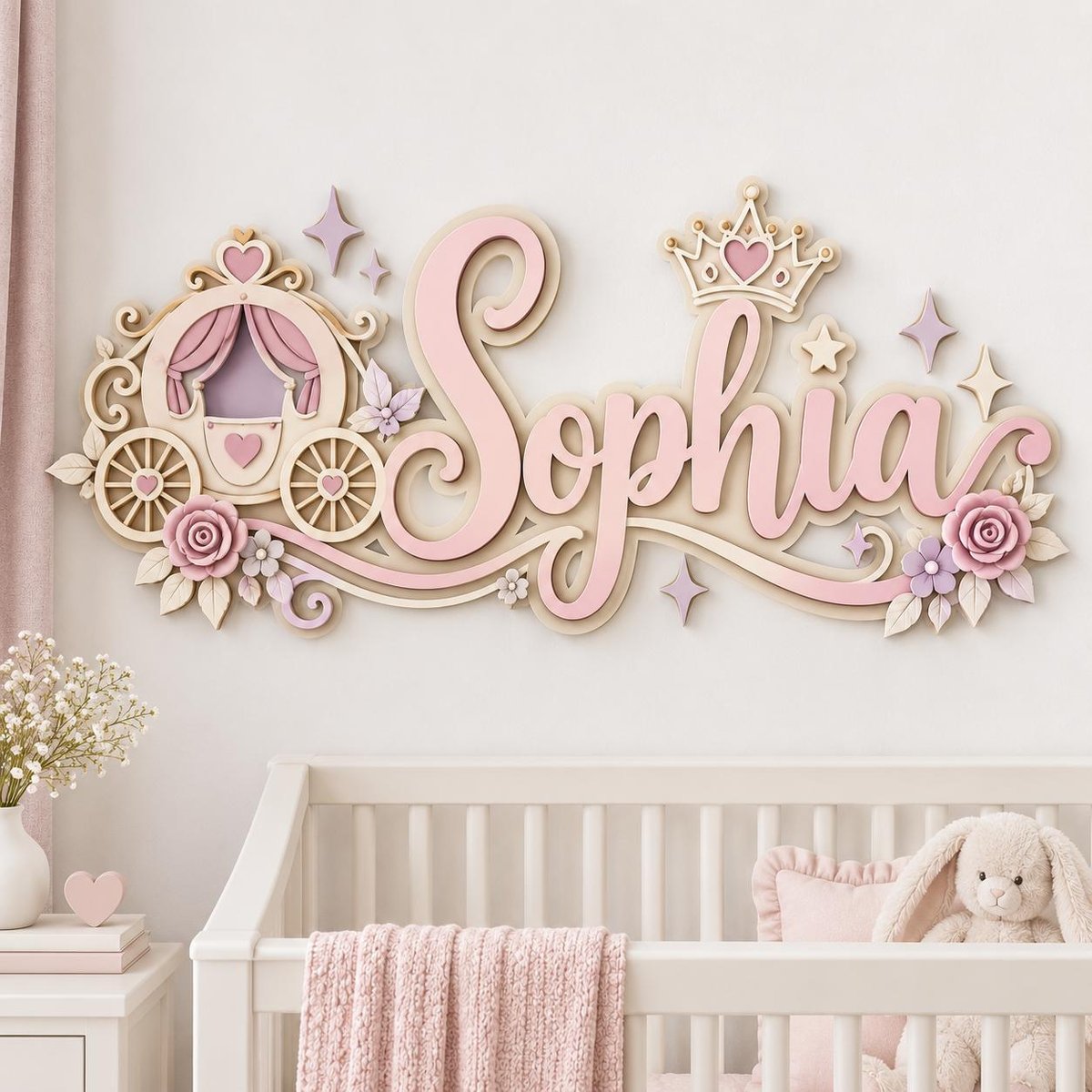 May include: A wall-mounted wooden sign featuring the name Sophia in large pink script letters. The design includes a carriage, a crown, flowers, and star shapes in shades of pink, purple, and cream, creating a layered, dimensional appearance.