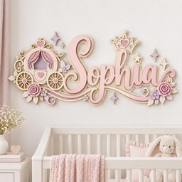 May include: A wall-mounted wooden sign featuring the name Sophia in large pink script letters. The design includes a carriage, a crown, flowers, and star shapes in shades of pink, purple, and cream, creating a layered, dimensional appearance.