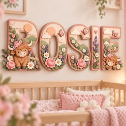 May include: A set of five large, three-dimensional wall letters spelling the name ROSIE. Each letter features a soft pastel color palette with raised decorations including highland cows, pink peonies, white daisies, lavender, butterflies, clouds, and suns.