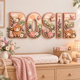 May include: A wall-mounted decorative sign spelling the name ROSIE in large, three-dimensional letters. Each letter features a pastel-colored landscape with sculpted highland cows, pink flowers, daisies, lavender, butterflies, and clouds.