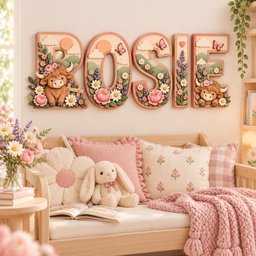 May include: A wall-mounted wooden sign spelling the name ROSIE in large, dimensional letters. Each letter features a pastel-colored landscape with a highland cow, pink peonies, daisies, lavender, butterflies, and clouds against a soft background.