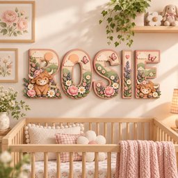 May include: A set of five decorative wall letters spelling the name ROSIE, featuring a light pink border and a 3D design with highland cows, pink peonies, white daisies, green hills, clouds, butterflies, and a small heart on the letter I.