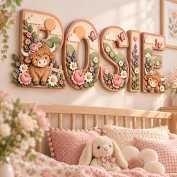 May include: A set of five large, three-dimensional wooden letters spelling the name ROSIE. Each letter features a light wood finish with pastel-colored decorative elements including highland cows, pink peonies, white daisies, butterflies, and clouds.