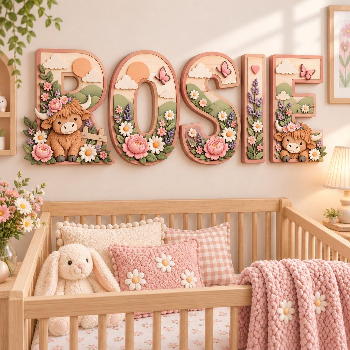 May include: A set of five large, three-dimensional wall letters spelling the name ROSIE. Each letter features a soft pastel color palette with raised floral motifs, butterflies, clouds, suns, and two brown highland cows with horns and flowers.