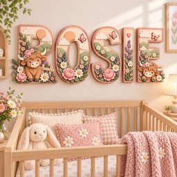 May include: A set of five large, three-dimensional wall letters spelling the name ROSIE. Each letter features a soft pastel color palette with raised floral motifs, butterflies, clouds, suns, and two brown highland cows with horns and flowers.