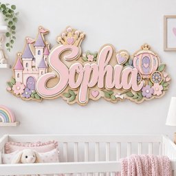 May include: A decorative wooden wall sign featuring the name Sophia in large pink script lettering. The design includes a light purple and pink castle on the left, a golden crown above the name, and a pink carriage on the right, accented with flowers.