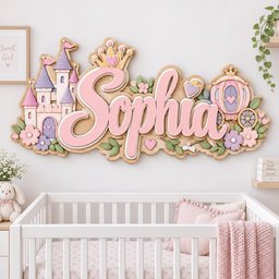 May include: A wooden wall sign featuring the name Sophia in large pink script letters, topped with a crown. The design includes a light purple and pink castle, a pink carriage, and various small flowers and hearts in shades of pink and purple.