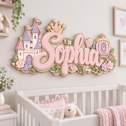 May include: A wooden wall sign featuring the name Sophia in large pink script letters, topped with a gold crown. The design includes a light purple and pink castle, a carriage, and floral accents in shades of pink, purple, and green on a natural wood base.