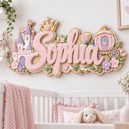 May include: A decorative wooden wall sign featuring the name Sophia in large pink script letters. The design includes a light pink castle with purple roofs, a golden crown, a pink and purple carriage, and various small flowers and hearts.
