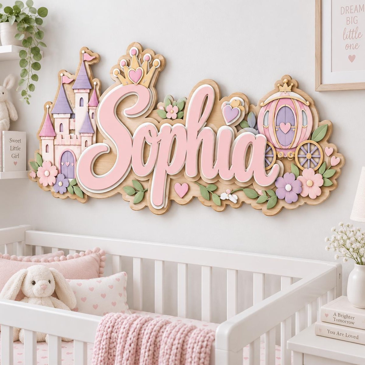 May include: A wooden wall sign featuring the name Sophia in large pink script letters, topped with a crown. The design includes a purple and pink castle on the left, a carriage on the right, and decorative flowers and hearts in pastel colors.
