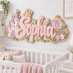 May include: A wooden wall sign featuring the name Sophia in large pink script letters, topped with a crown. The design includes a purple and pink castle on the left, a carriage on the right, and decorative flowers and hearts in pastel colors.