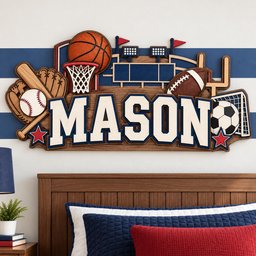 May include: A wooden wall sign featuring the name MASON in large white letters with blue outlines. The design includes a basketball, baseball, glove, football, and soccer ball, along with a stadium graphic, goal posts, and two red stars.