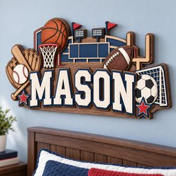 May include: A multi-layered wooden wall sign featuring the name MASON in large white letters with blue borders. The design includes a basketball, baseball, glove, bat, football, and soccer ball, along with a stadium graphic and two red stars.