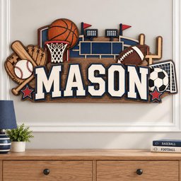 May include: A multi-layered wooden wall sign featuring the name MASON in large white letters with blue outlines. The design includes a basketball, hoop, baseball, bat, glove, football, goal post, soccer ball, and stadium lights with red star accents.